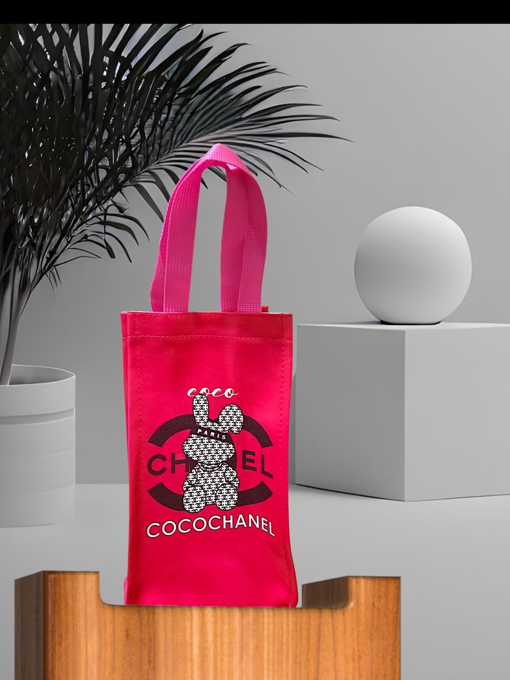 Pink Logo Faux Leather Wine Bag